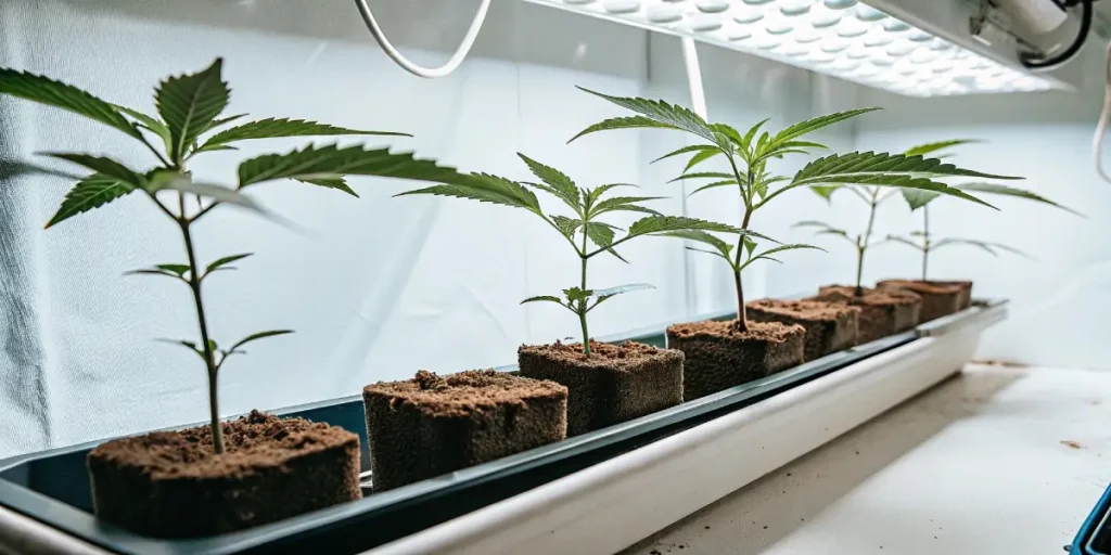 Early-stage cannabis clones growing in small cubes under bright LED lighting.