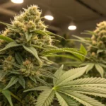 Large, dense cannabis buds on a flowering plant in an indoor grow room.