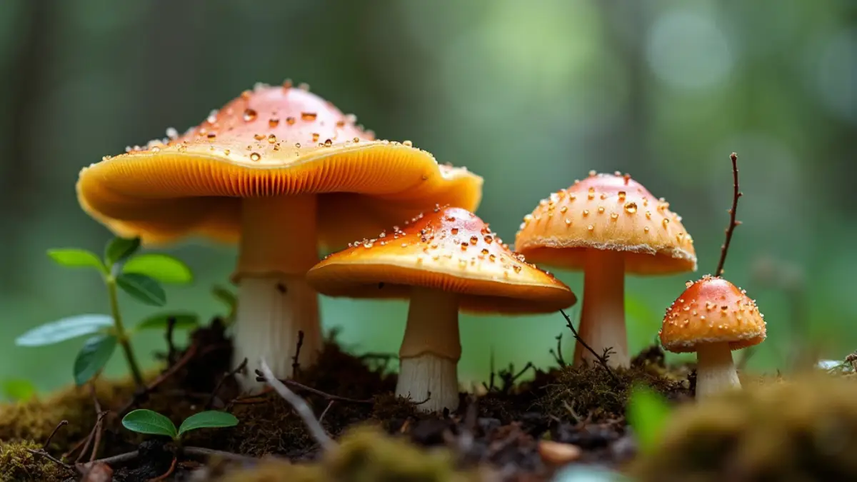 Vibrant orange magic mushrooms with moisture droplets growing in lush green woodland.