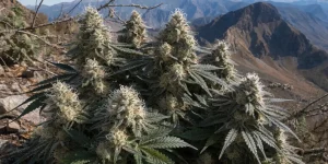 Resinous Kush Cannabis Buds in Mountain Landscape