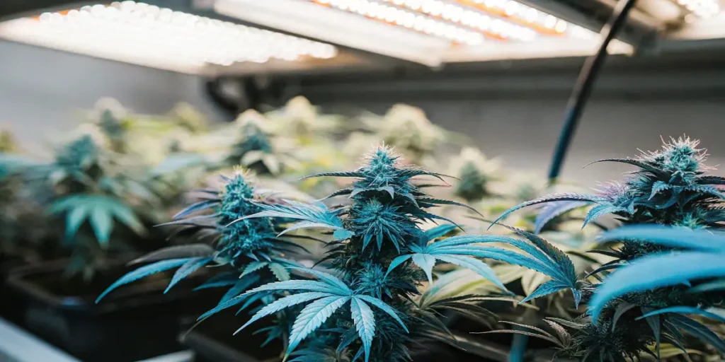 Hyper-realistic image of exotic cannabis plants with prominent buds and blue-tinged leaves under bright overhead grow lights.
