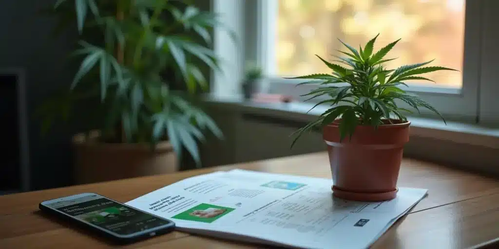 Potted cannabis clone for sale in Maine with legal documents and smartphone on a wooden table.