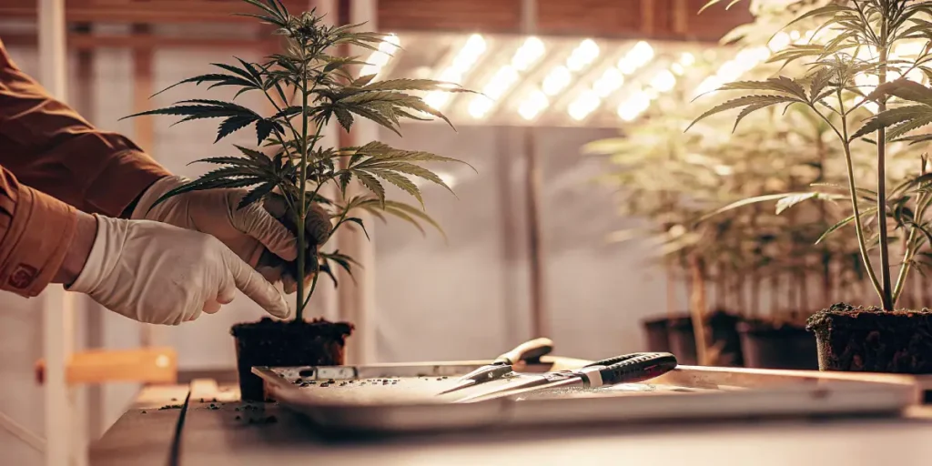 Hyper-realistic indoor cannabis cultivation scene: gloved hands transplanting a cannabis plant, with tools and other plants under warm grow lights.