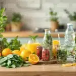 A variety of herbal drinks and fresh fruits, ideal for cleansing and helping you get THCA out of your system.