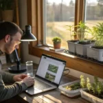 Hyper-realistic digital artwork showing a man using a laptop to monitor cannabis plants in various stages of growth by a window in a home setting, with "Live Plants" labels.