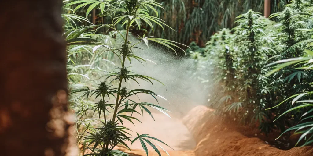Hyper-realistic outdoor cannabis garden in a warm, misty environment, with a person misting plants in a row.