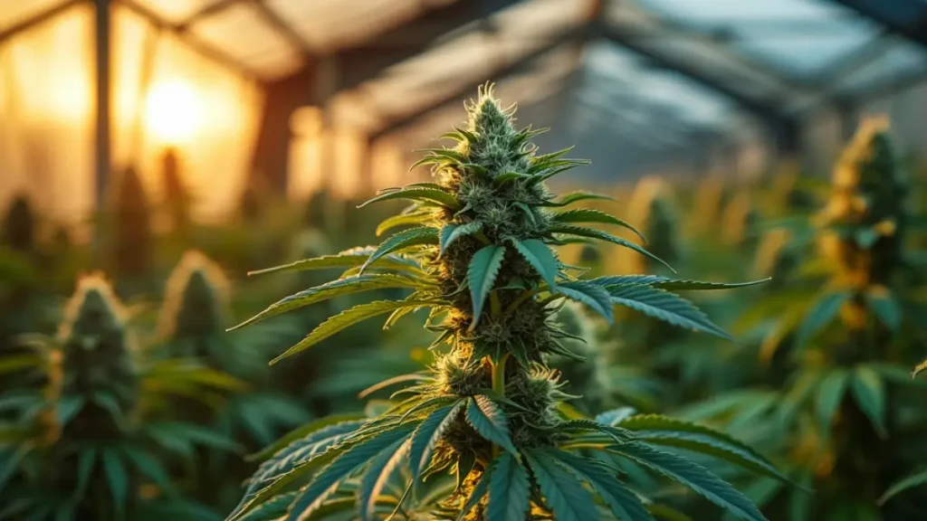 Purple cannabis plant glowing under golden sunset light inside a greenhouse.