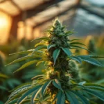 Purple cannabis plant glowing under golden sunset light inside a greenhouse.