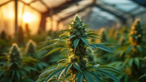 Purple cannabis plant glowing under golden sunset light inside a greenhouse.