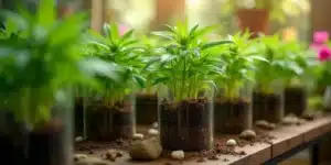 Rows of cannabis seedlings thriving in individual clear glass pots, with blurred green foliage and sunlight in the background.