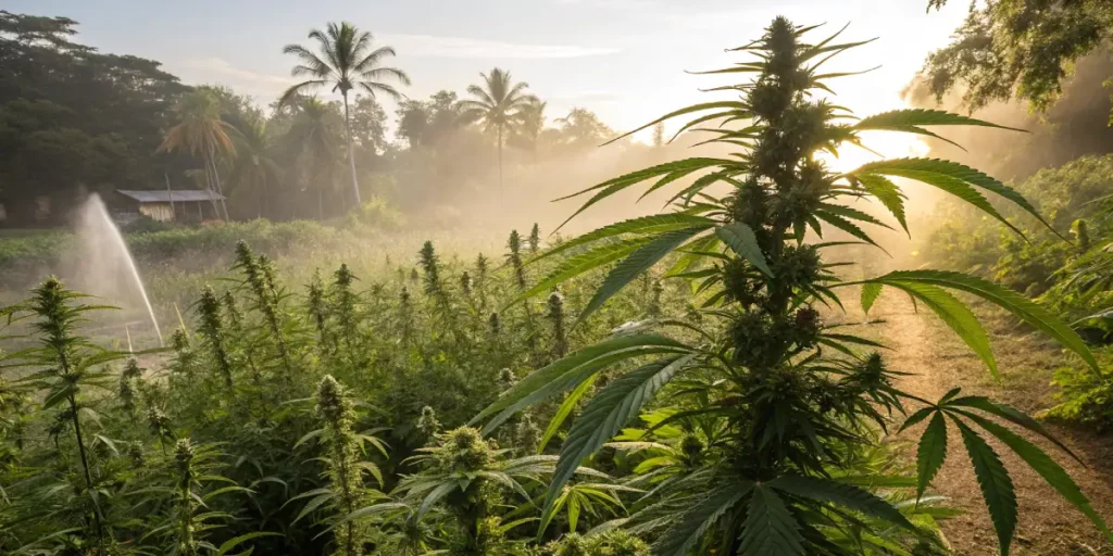 Hyper-realistic outdoor cannabis garden in a warm, misty tropical setting with palm trees and a sprinkler at sunrise.
