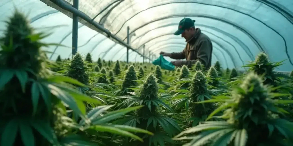 Grower working inside a greenhouse with rows of flowering cannabis plants