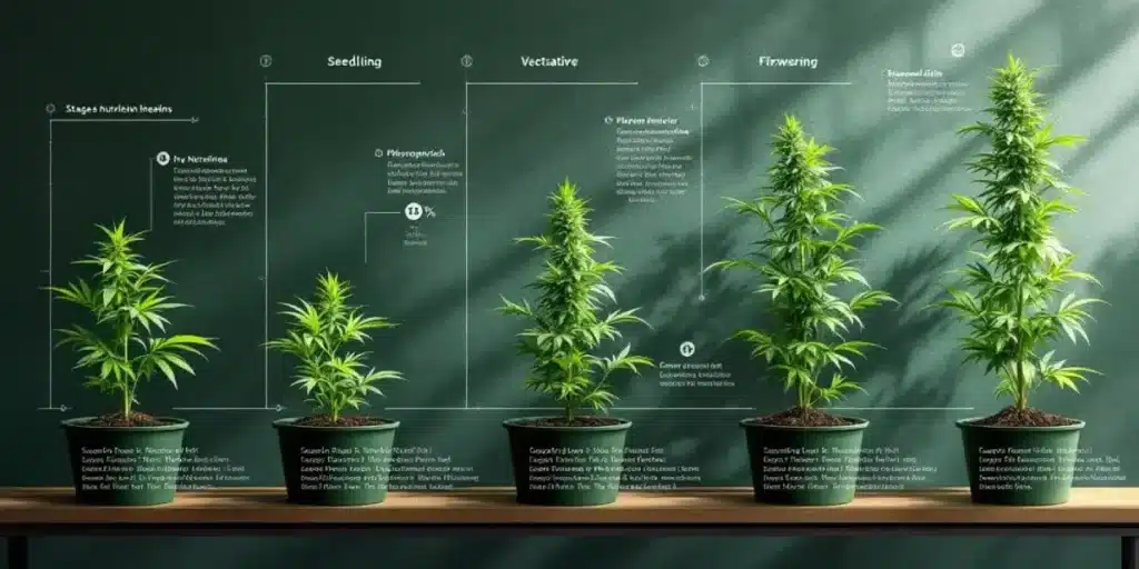 Infographic showing different cannabis plant growth stages on a table with labeled information.