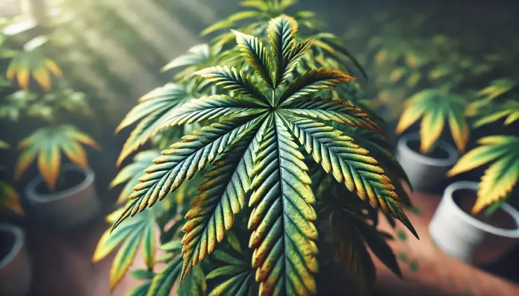 Cannabis leaf showing yellowing and dark veins under indoor grow lights