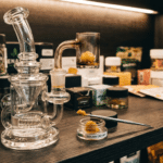 Dab rig with cannabis concentrates shelf display featuring a glass rig, quartz banger, wax jar, and retail cannabis products.