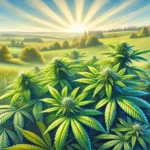 Thriving cannabis plants in a sunlit Minnesota field with scenic rolling hills and vibrant greenery under a clear blue sky