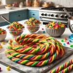 Colorful cannabis-infused Nerds Rope edibles in a kitchen setting with bowls of candy, a mixer, and a coiled candy rope centerpiece