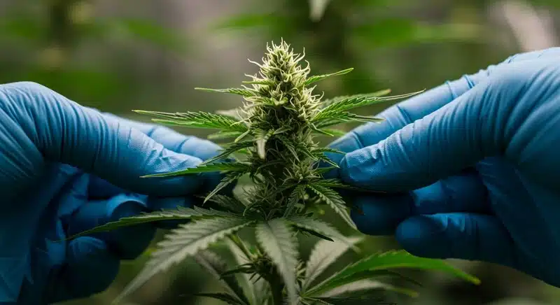 Frosty cannabis bud with and orange pistils.