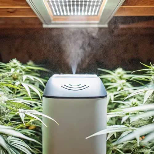 Hyper-realistic indoor cannabis grow room: humidifier emitting mist among lush cannabis plants under bright overhead light.