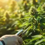 Person harvesting cannabis outdoors with trichomes transitioning to amber