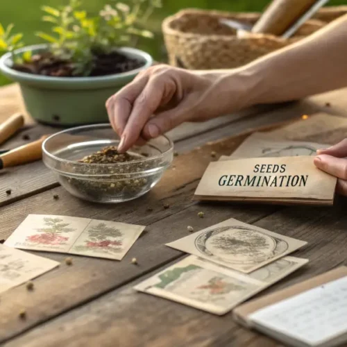 Hyper-realistic scene: hands placing seeds into a bowl, on a wooden table with vintage seed packets, a "SEEDS GERMINATION" label, gardening tools, and spilled seeds in a lush outdoor setting.