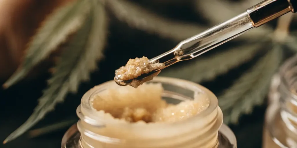 Hyper-realistic close-up of a dab tool holding golden THCA badder above a glass jar, with blurred cannabis leaf.