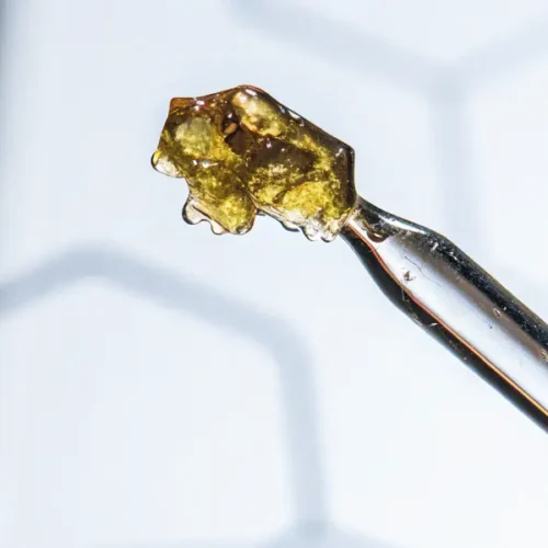 Hyper-realistic close-up of golden, crystalline THCA dabs on the tip of a glass dropper.