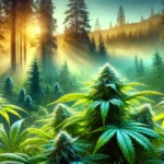 Vivid cannabis plant with frosty buds and vibrant green leaves, surrounded by a serene forest with tall pine trees and sunlight filtering throug