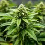 Lush cannabis plant in an indoor grow room, highlighting vibrant leaves and frosty trichomes.