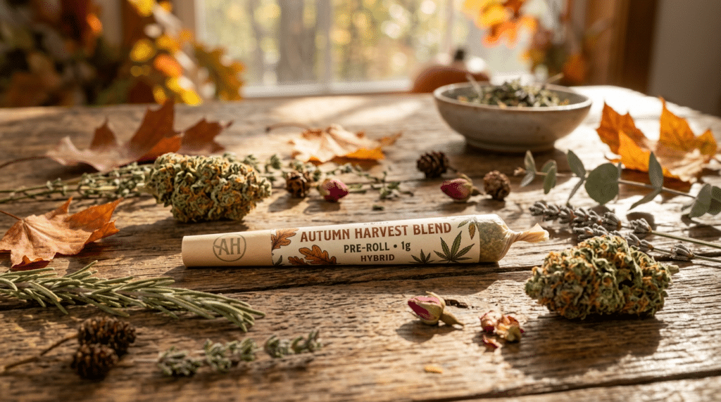 Cannabis preroll autumn harvest blend on a rustic table with buds, herbs, dried flowers, and fall leaves.