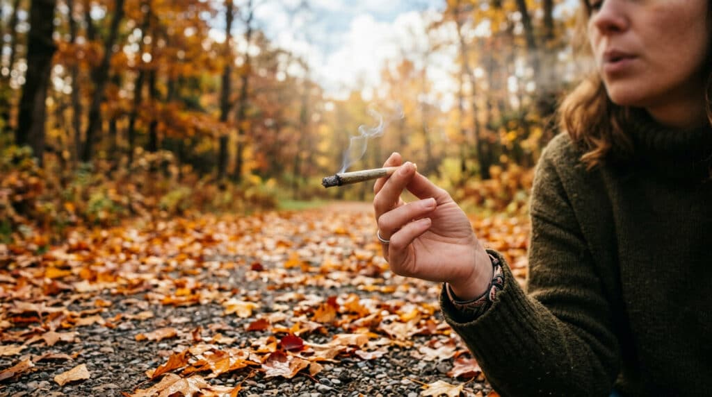 Cannabis preroll outdoors autumn scene with a hand holding a lit joint on a leaf-covered forest path.