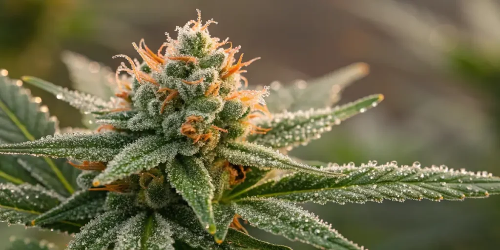 Detailed view of a cannabis flower with glistening sugar crystals and vivid orange pistils