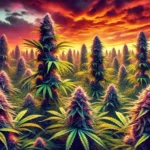Sunset-lit cannabis field featuring dense autoflower plants with vibrant green and purple buds under dramatic orange skies, que question is how big do autoflowers get