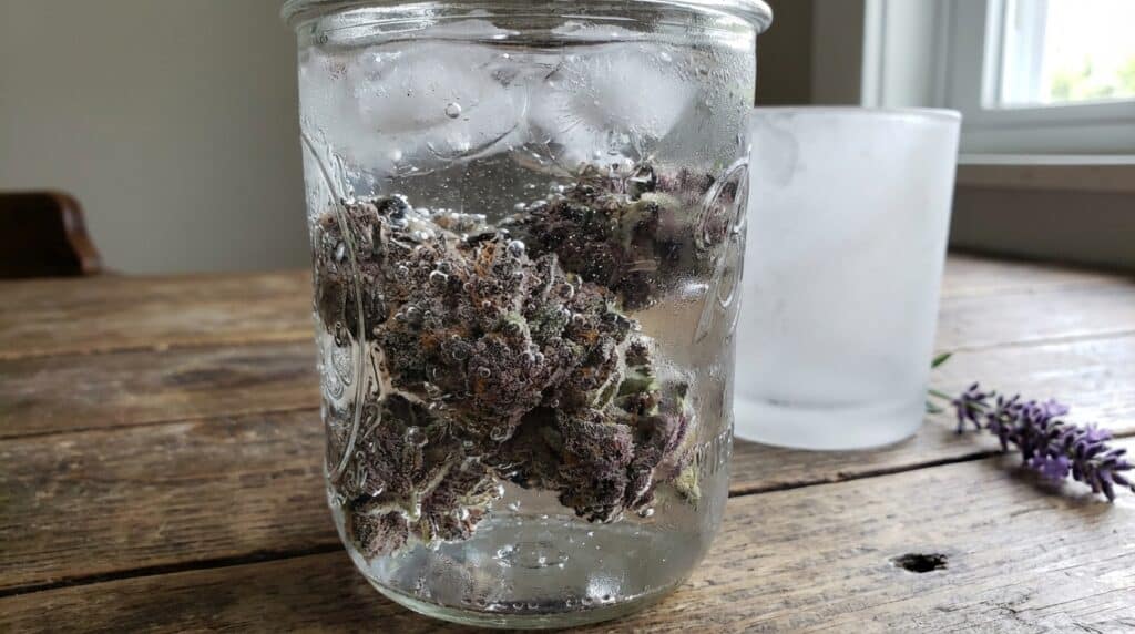 Ice water cannabis buds cold extraction with purple flowers, visible trichomes, and resin preservation in a glass jar.