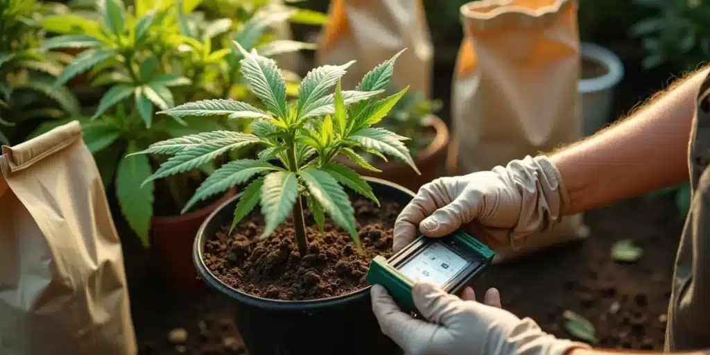 A healthy 3 leaf cannabis plant in a pot with a person checking soil moisture using a device, representing proper cannabis plant care and growth monitoring techniques.