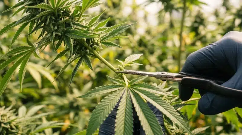 A grower trimming bud to collect cannabis pollen