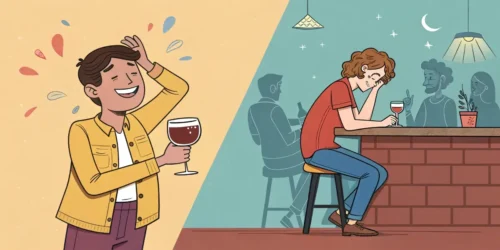 Split illustration: happy man with wine glass on left; sad man at bar, night scene on right.