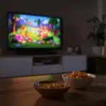 Relaxing living room setup for watching cartoons while high, with snacks and cozy lighting.