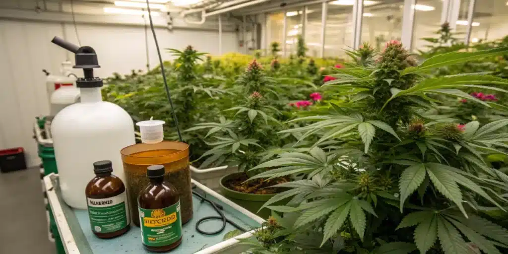 Indoor cannabis plants with bloom booster nutrients on a table, including spray bottles and organic fertilizers in a controlled grow room