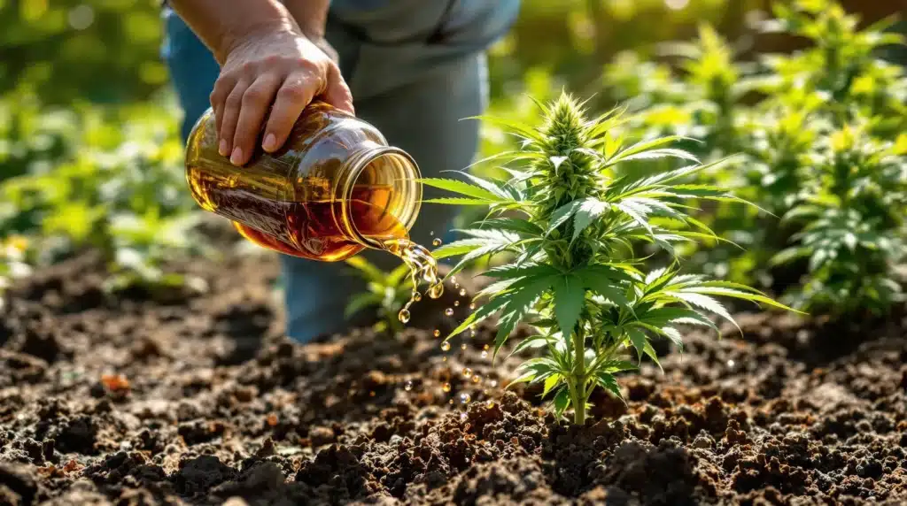 Applying the best compost tea for flowering cannabis to promote healthy bud growth and nutrient-rich soil.