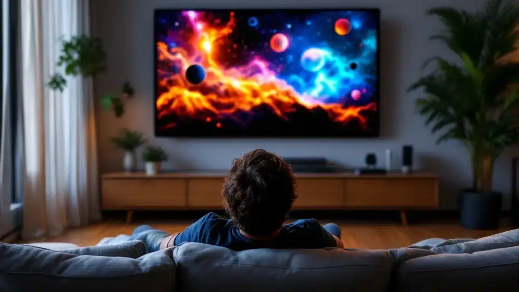 Person enjoying nature documentaries on TV with vibrant colors reflecting on the screen.