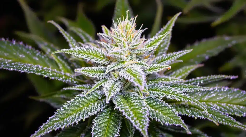 Flowering cannabis plant under 12/12 light cycle with visible trichomes.