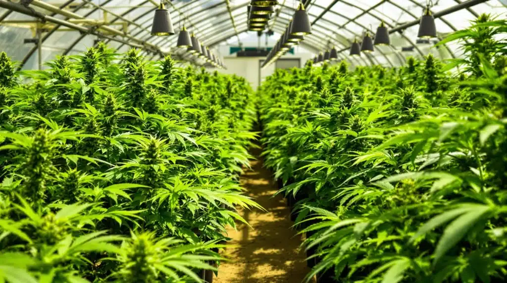Greenhouse cannabis setup with natural sunlight and supplemental grow lights.