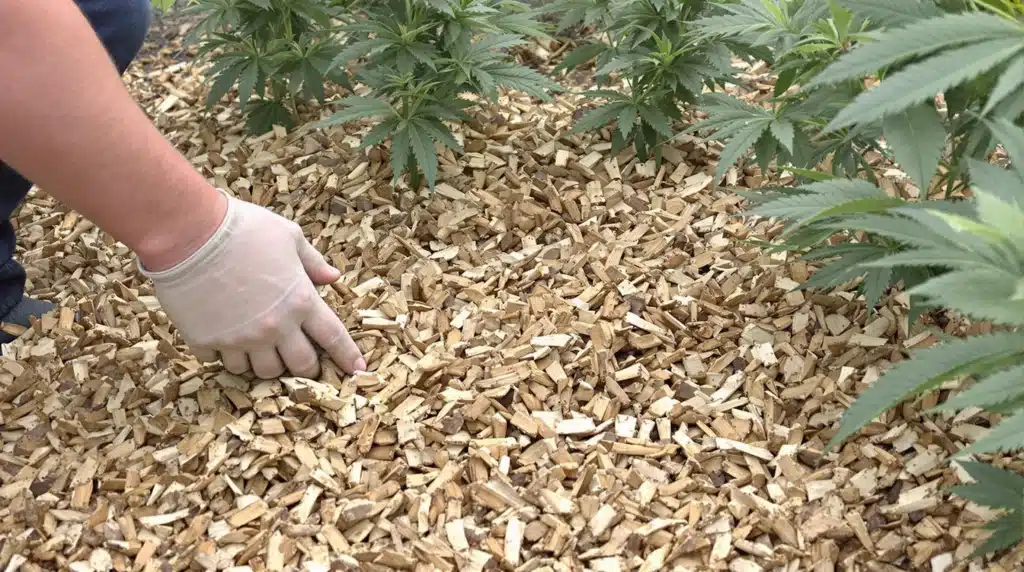 Wood chip mulch used in a cannabis garden to prevent weeds and regulate soil temperature.