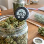 Hyper-realistic image of a round digital hygrometer displaying "60%" inserted into a jar of dried cannabis buds, on a wooden table with other cannabis items.