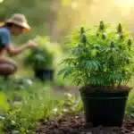 Cannabis plant growing outdoors in an auto grow pot with sunlight