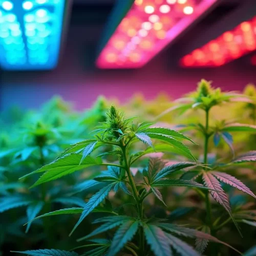Cannabis seedlings under red and blue LED grow lights for optimal PPFD.