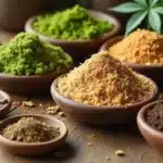 Different organic ingredients in bowls for preparing an autoflower soil recipe, including compost and coco coir.