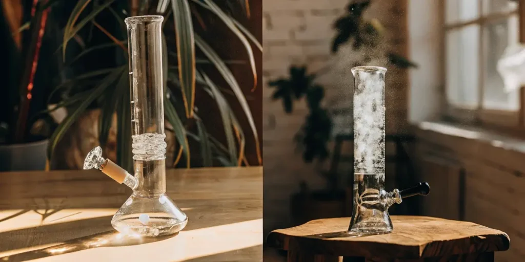 Two clear glass bongs on wooden surfaces; one with visible bubbles and percolator, another with ice and smoke.