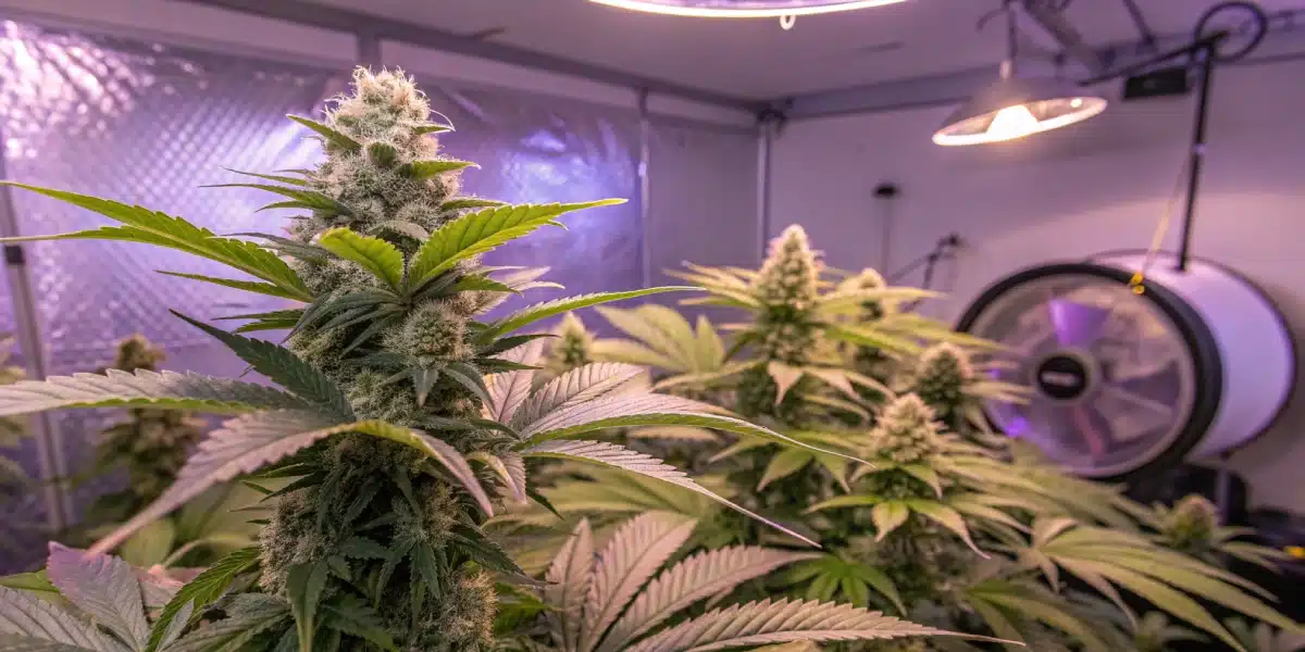 Indoor Lemon Garlic weed strain cultivation under professional grow lights, showcasing dense buds covered in trichomes